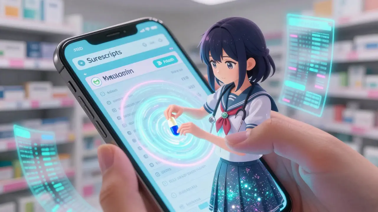 Girl adding melatonin to a glowing digital health record on a magical smartphone screen.