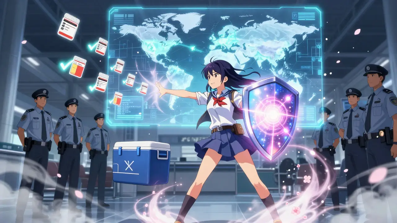 Girl transforming cooler into a shield at airport, holographic travel routes glowing behind her