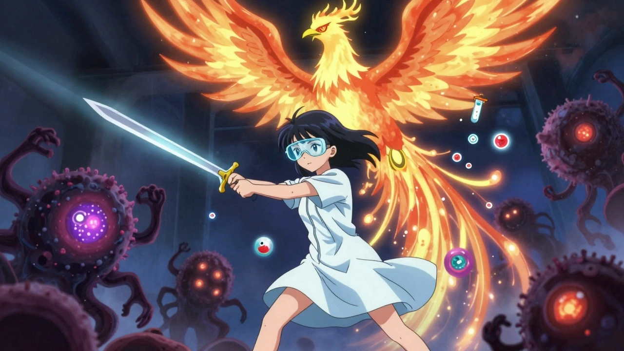 Heroic patient battles cancer monsters with targeted therapy sword and AI orbs.