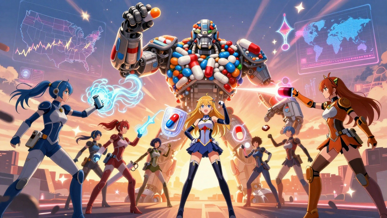 Heroic team fighting a price-drop golem with advanced drug-device combos as magical weapons in an epic market battle.