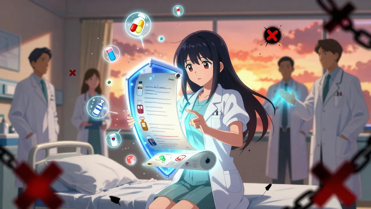 Heroine shielding a hospital bed with a glowing medication scroll, defeating error symbols.