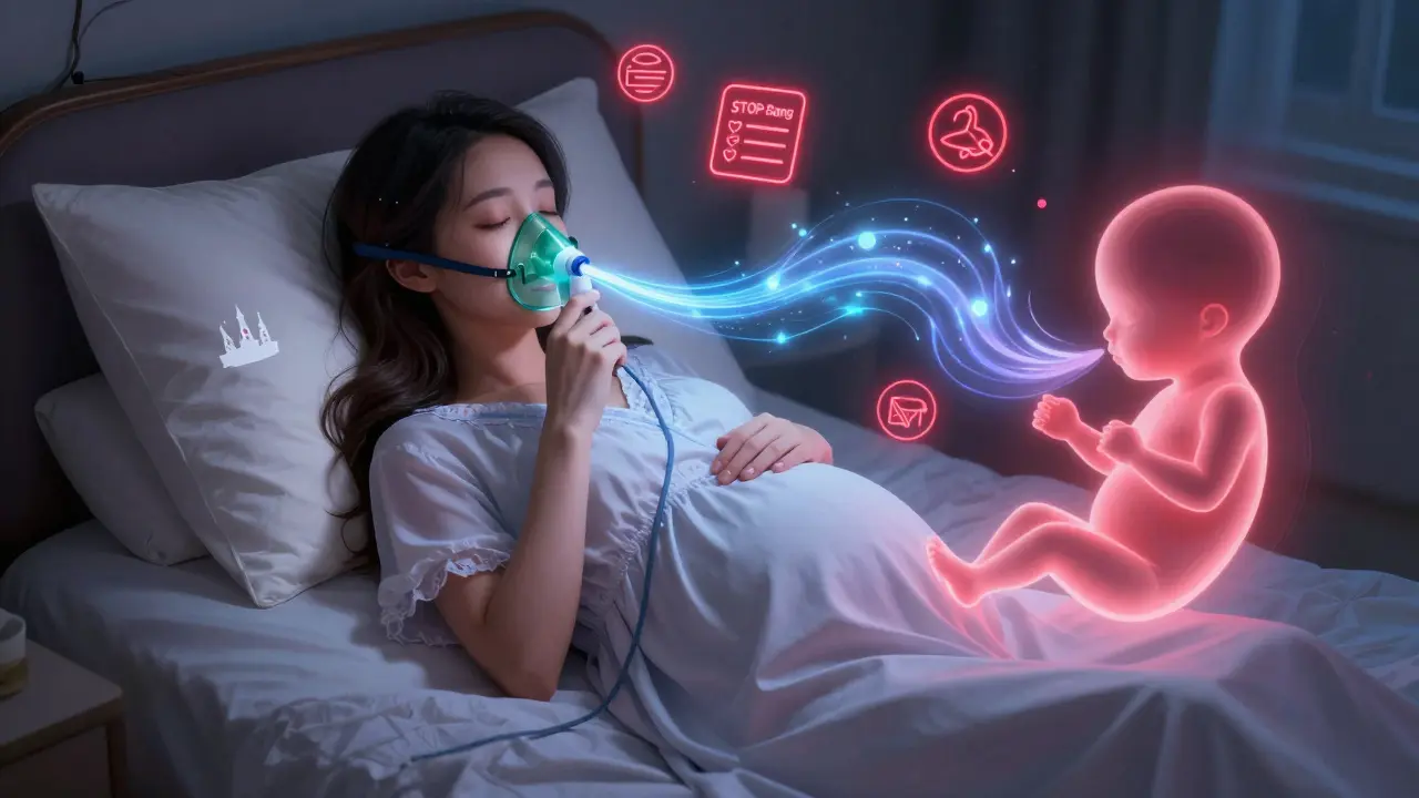 Magical girl adjusting a glowing CPAP nasal pillow with floating health icons, lying on a bed with elevated wedge pillow.