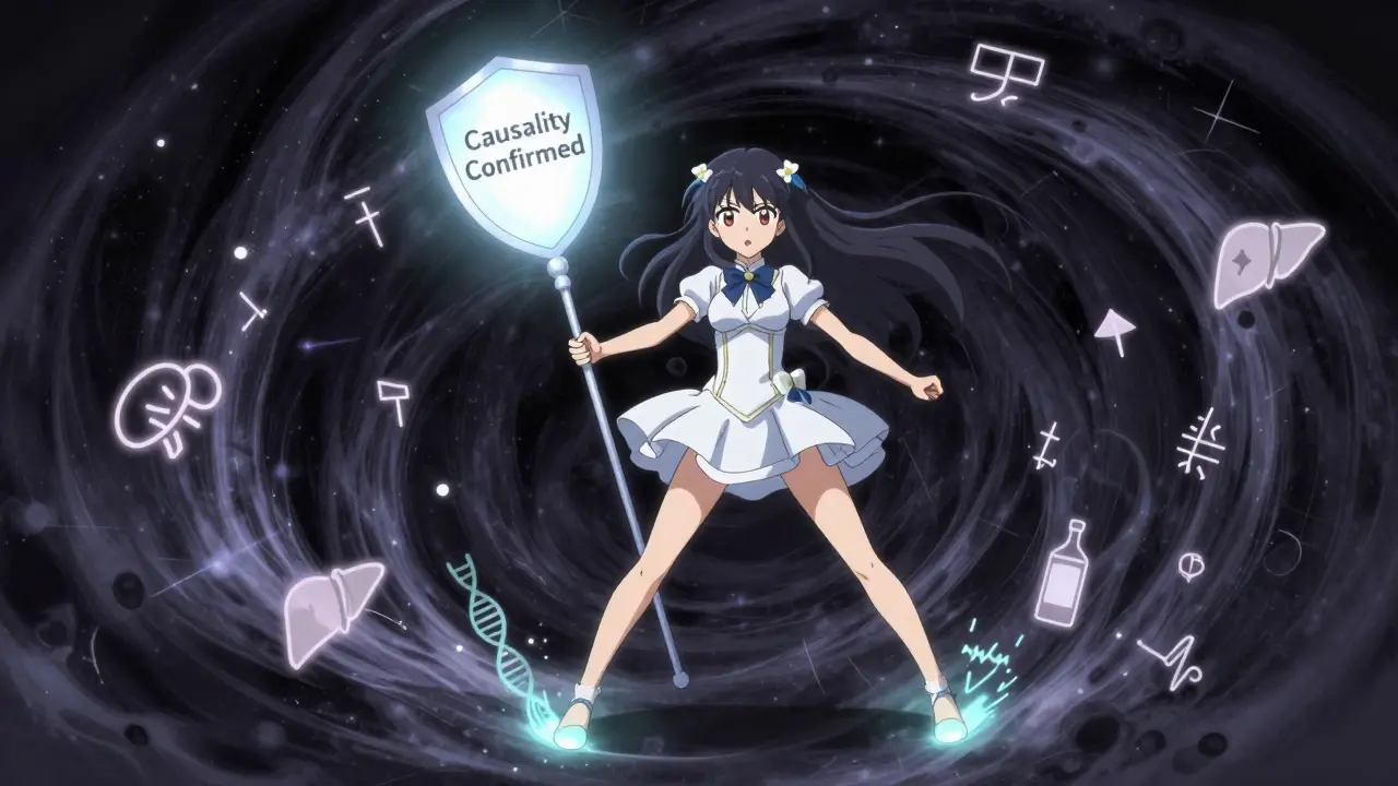Magical girl battling a dark vortex of unpredictable drug reactions with a causality shield.