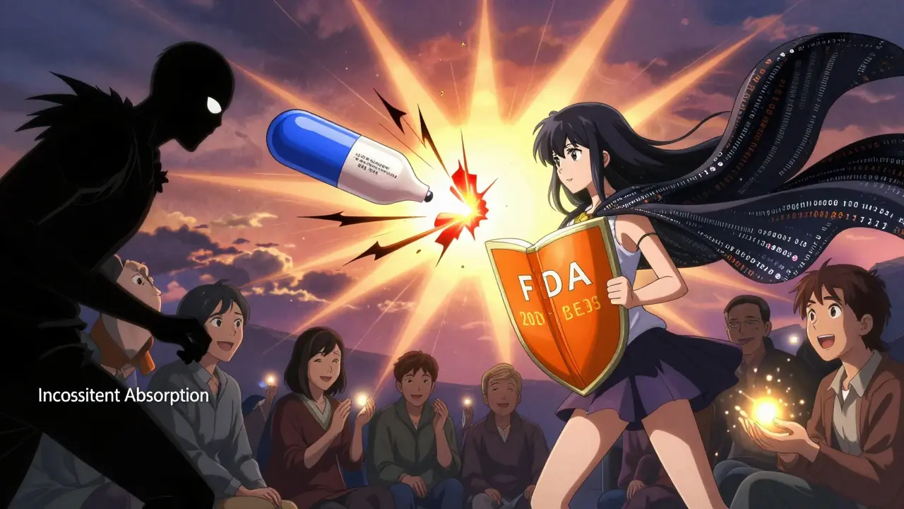 Magical girl battling inconsistent drug absorption with the FDA Orange Book as a shield.