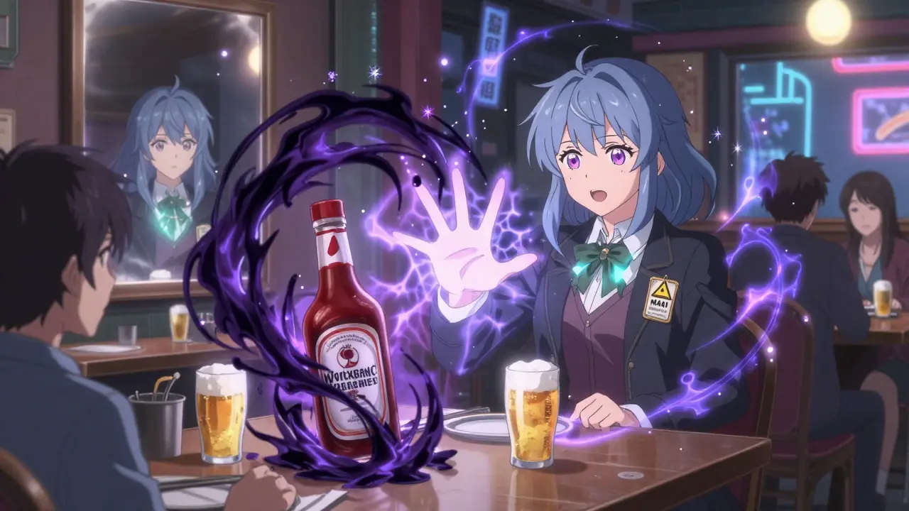 Magical girl blocking dark energy from hidden soy sauce and beer in a restaurant, glowing warning card visible.