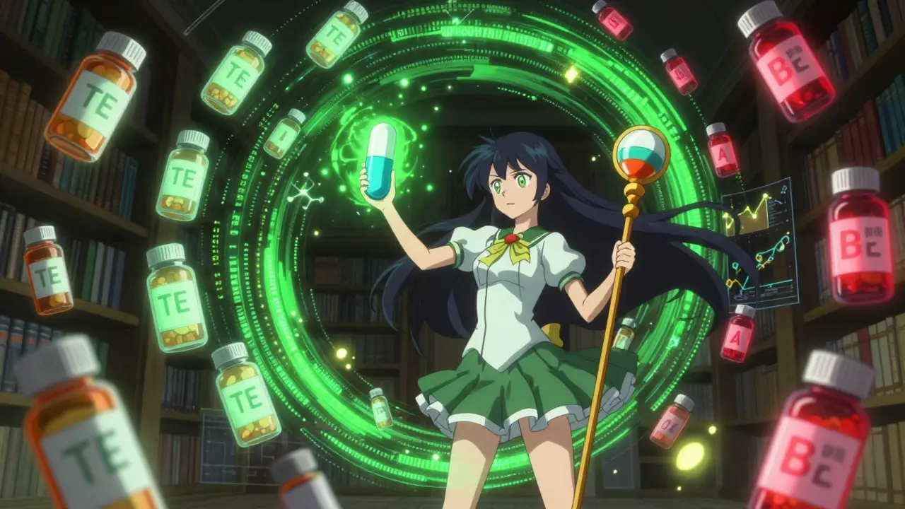 Magical girl casting a spell to transform B-rated drugs into A-rated ones in a data library.