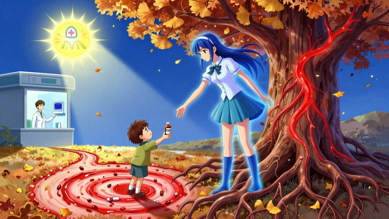 Magical girl guiding a child away from dangerous blood thinners beneath a Ginkgo tree shaped like veins and arteries.