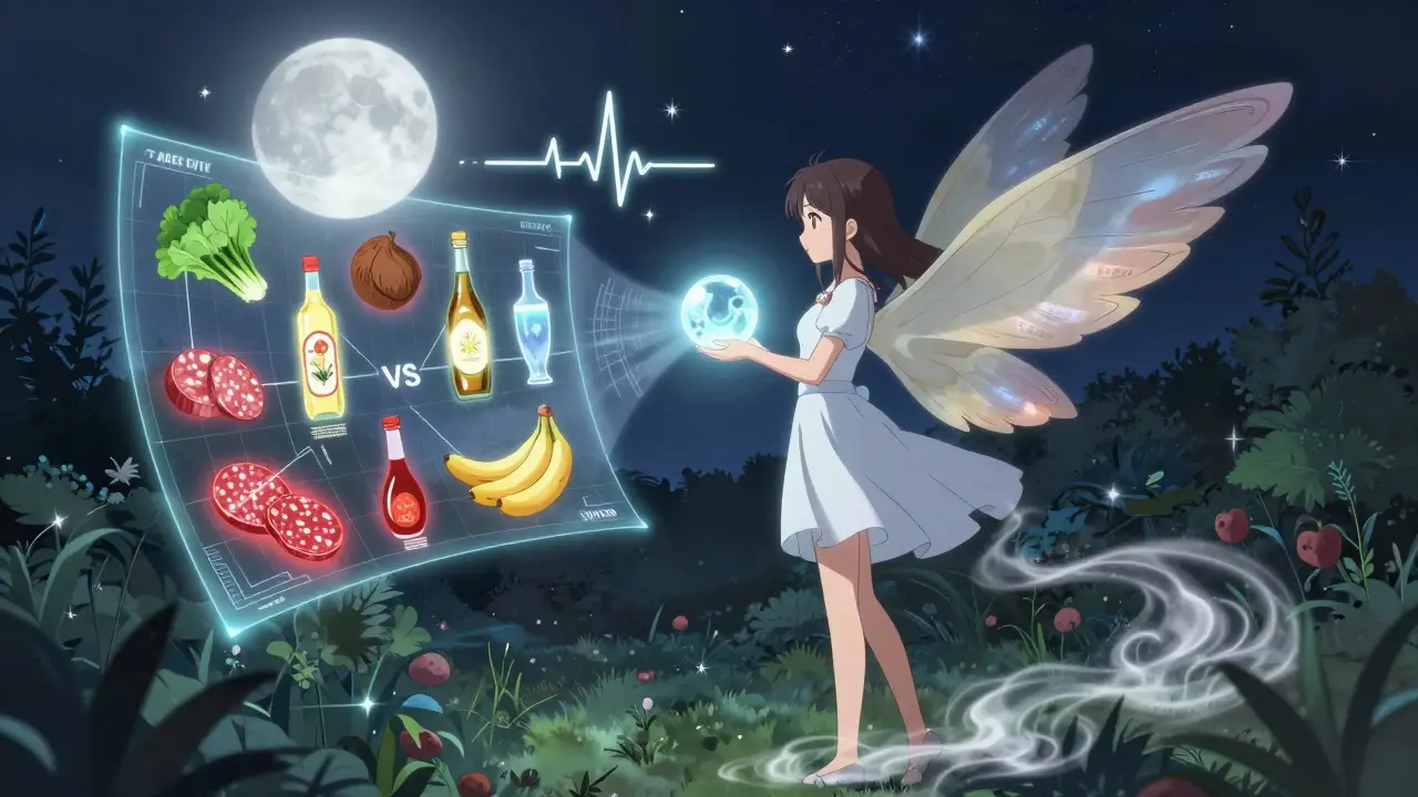 Magical girl holding a hologram of safe and dangerous foods under a starry sky, symbolizing dietary awareness.