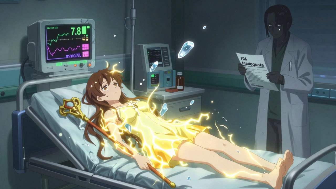 Magical girl in hospital bed with high potassium levels and shattered staff.