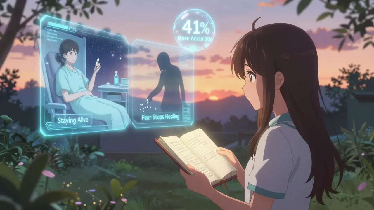 Magical girl journaling in a garden as holograms show the impact of understanding drug reactions.