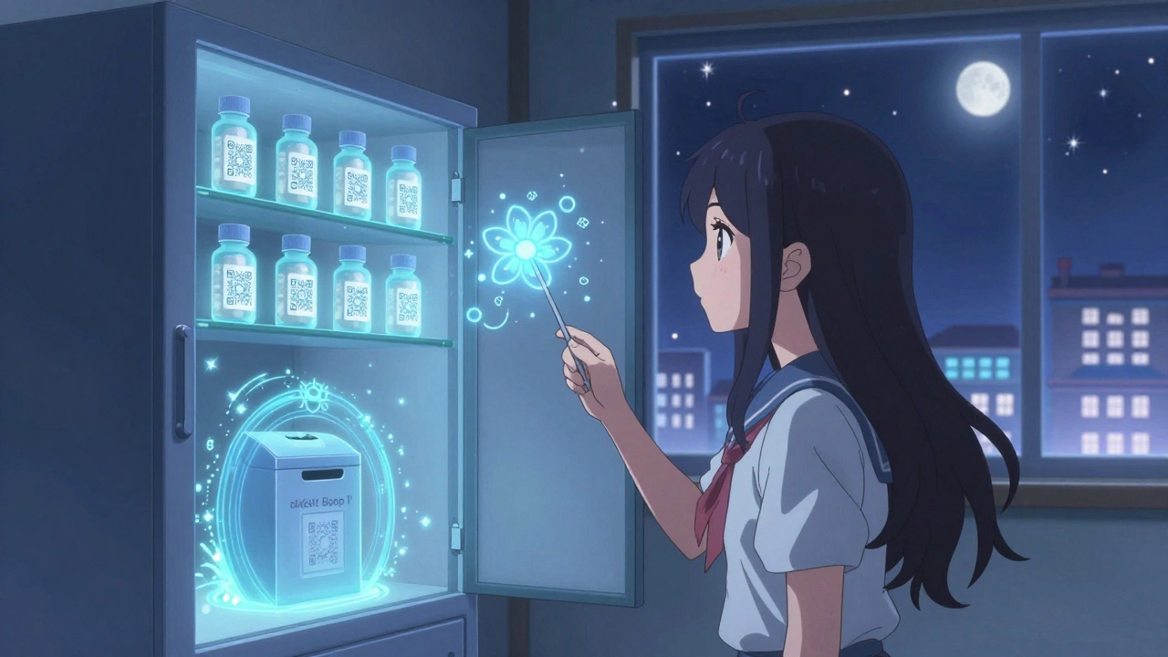 Magical girl scanning a holographic medicine label as a take-back portal glows nearby.