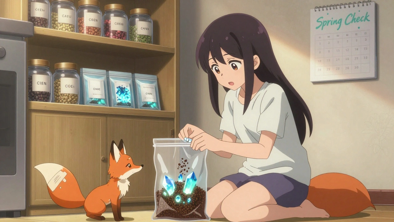 Magical girl sealing expired pills with coffee grounds in a glowing bag, fox companion watching.