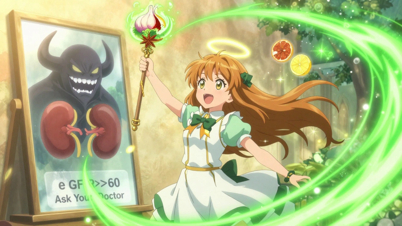 Magical girl using herbs to defeat a salt substitute demon with health energy.