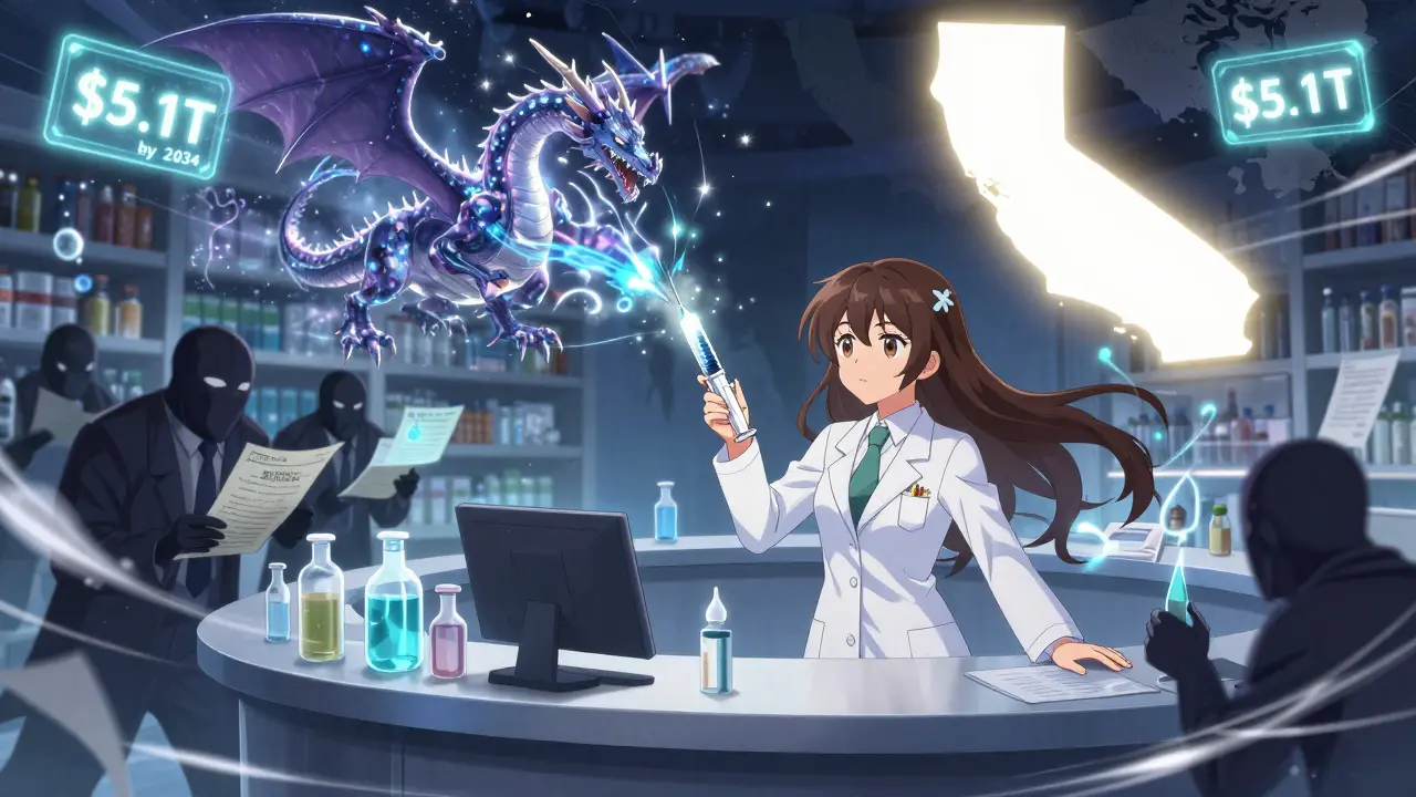 Pharmacist guardian fighting corporate shadows with biosimilar dragons and savings numbers.