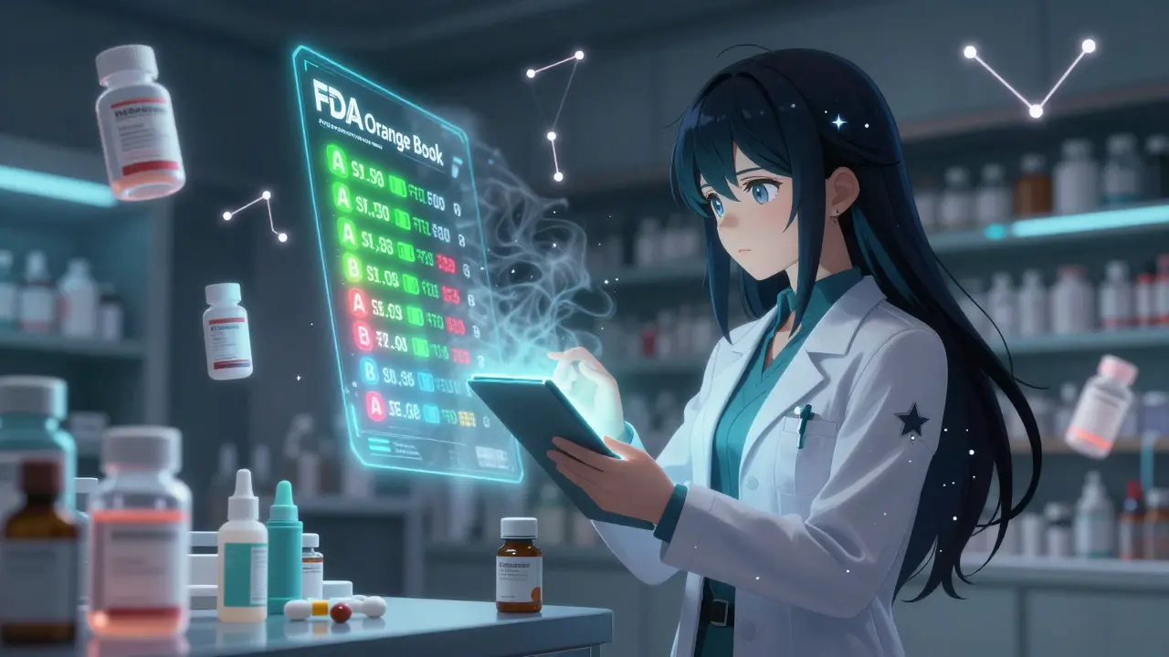 Pharmacist scanning a prescription with a holographic FDA Orange Book displaying A-rated and B-rated drug codes in glowing colors.