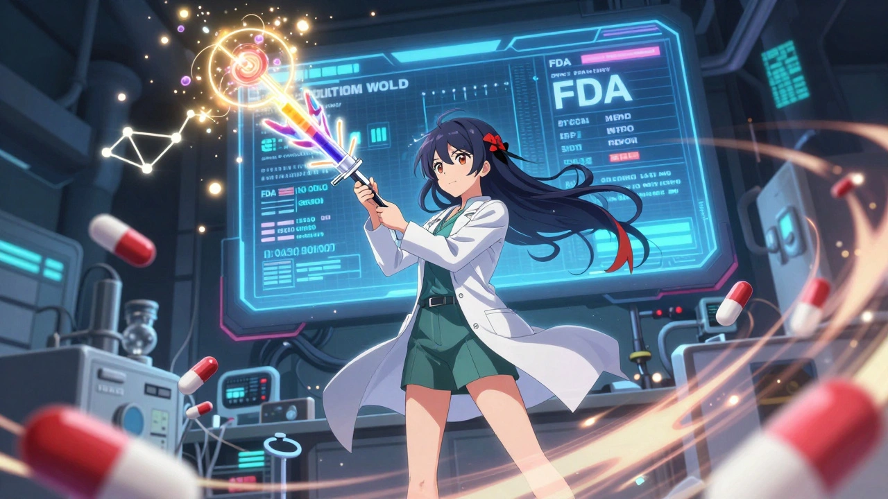 Pharmacist wielding a glowing drug injector as a magical staff, nanoparticles bursting into constellations in a high-tech lab.