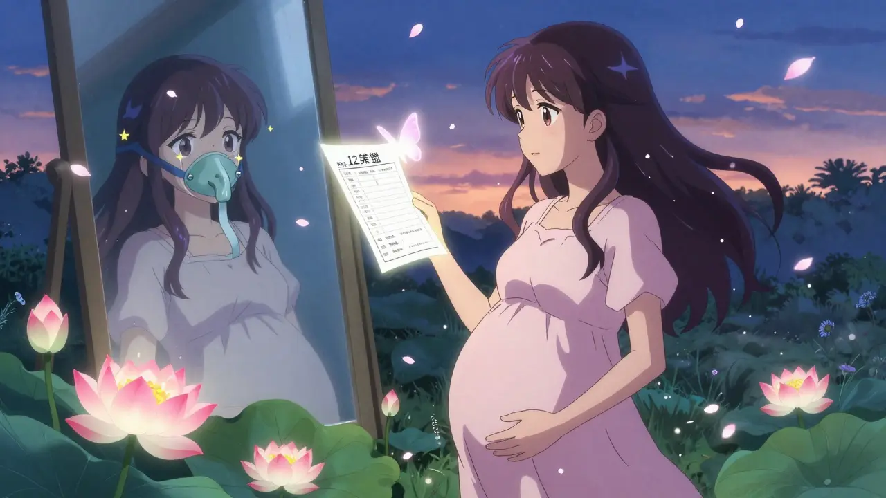 Postpartum woman holding a transforming sleep study report as a butterfly, symbolizing long-term health after pregnancy apnea.