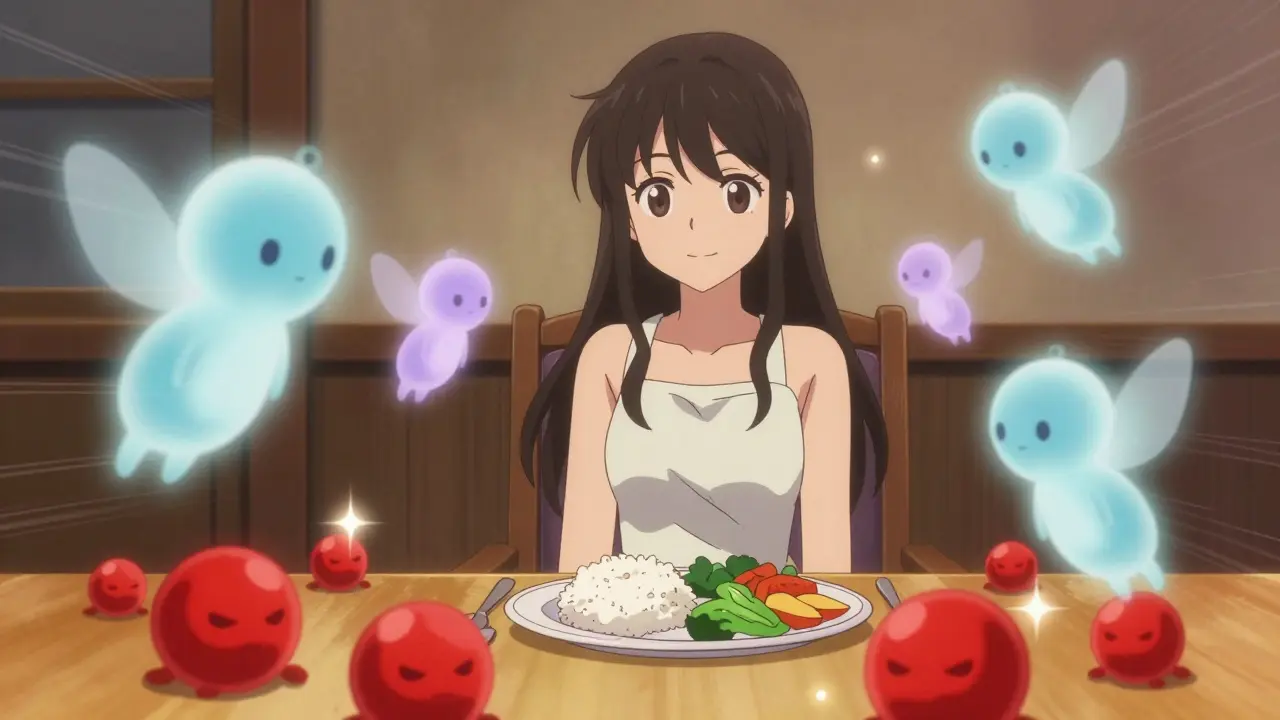 Probiotic fairies calming gas bubbles under a dinner table with soft light.