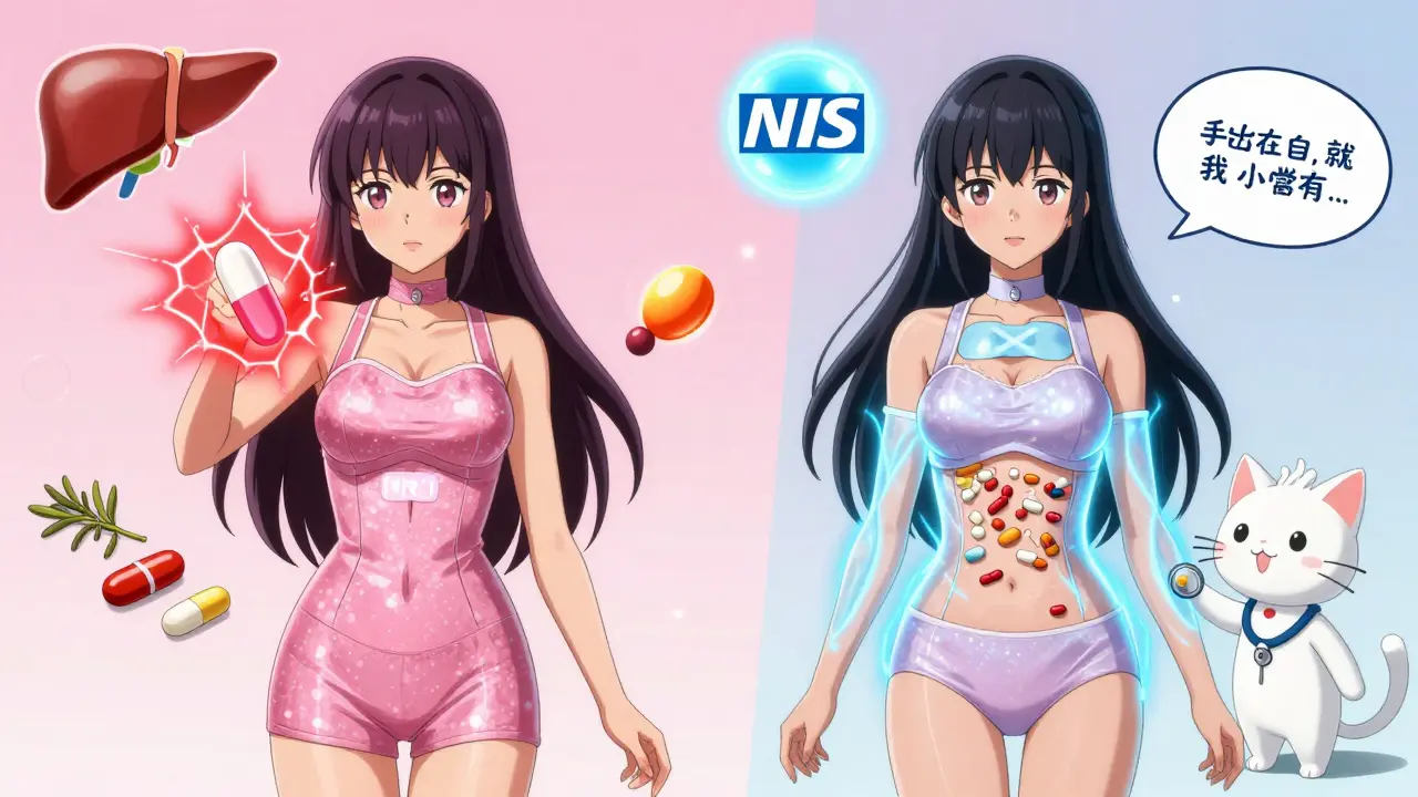 Split scene: HRT pill disrupting meds vs. patch safely interacting with medications