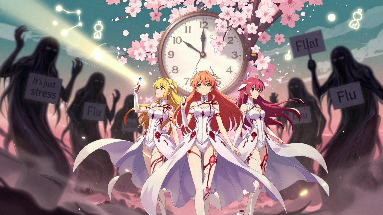 Three female warriors battling misdiagnosis monsters with a glowing Corus CAD test beam.