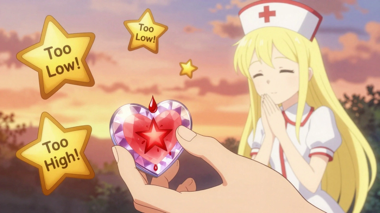 Trembling hand using a heart-shaped INR device as a blood drop turns into a shimmering star.