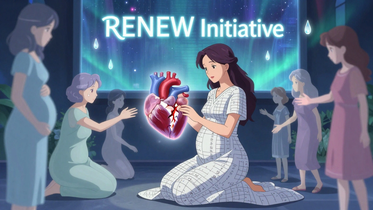 Woman healing a fractured heart with support from women of different life stages under a glowing initiative banner.