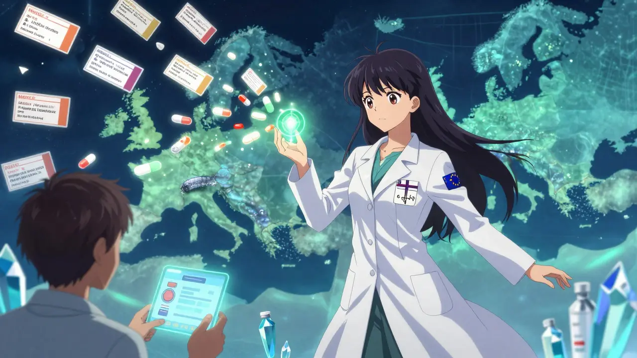 A heroic pharmacist transforms fragmented prescriptions into glowing, harmonized tablets using a magical DataMatrix code.