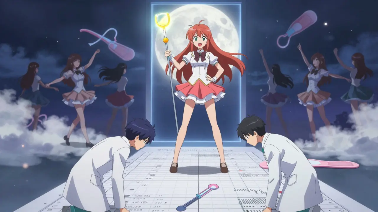 A heroine wielding an IUD staff as doctors bow, behind her a portal to a world free from heavy bleeding.