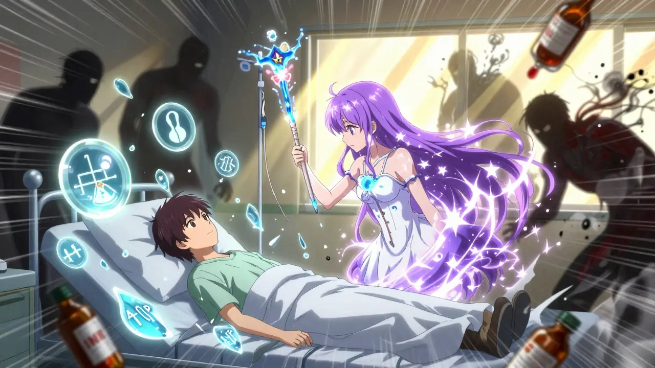 A magical girl channels healing light into a patient as medical symbols shatter and harmful substances dissolve in a hospital room.