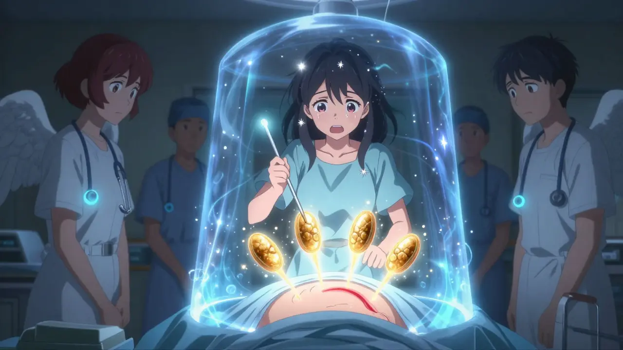 A magical girl performs glowing laparoscopic surgery with golden portals dissolving gallstones in a hospital scene.