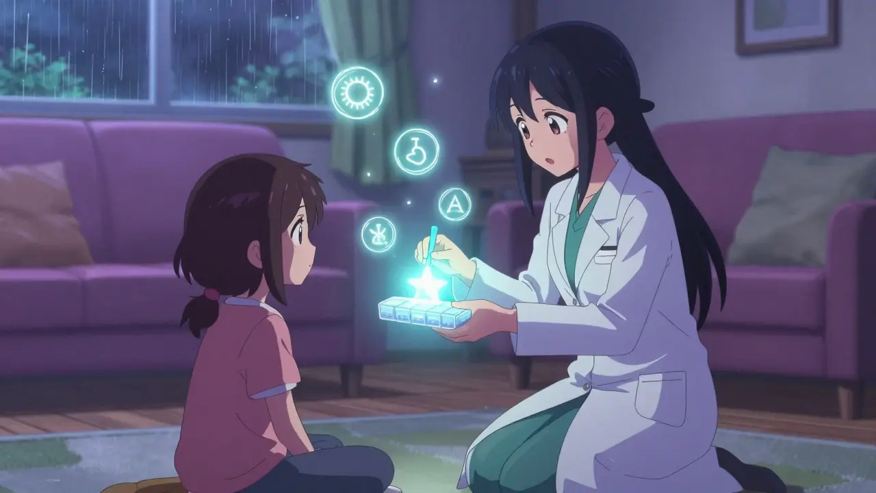 A pharmacist gives a star-shaped pill organizer to a patient, surrounded by glowing empathy runes.