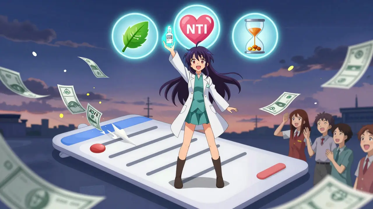 A pharmacist stands atop a floating counter holding an NDC code artifact, with icons representing allergies, NTI drugs, and slow-release formulas glowing above.