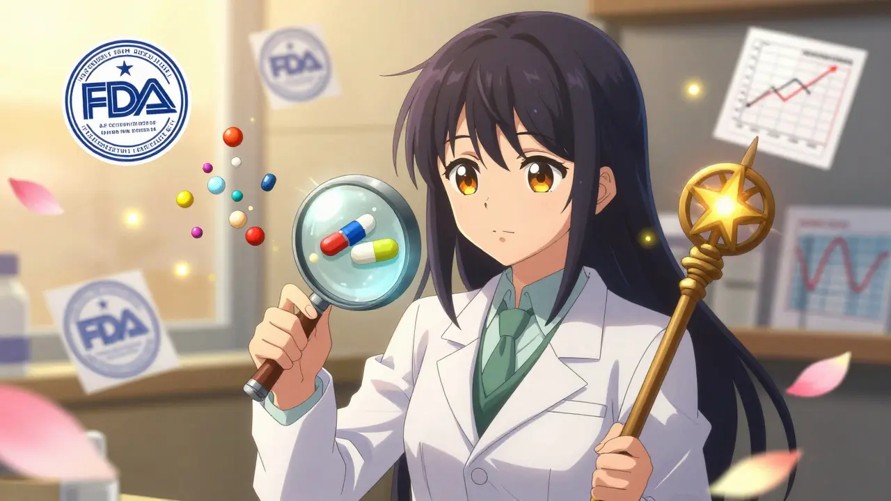 A pharmacist uses a glowing magnifying glass to reveal identical active ingredients in generic pills, with harmless excipients floating away.