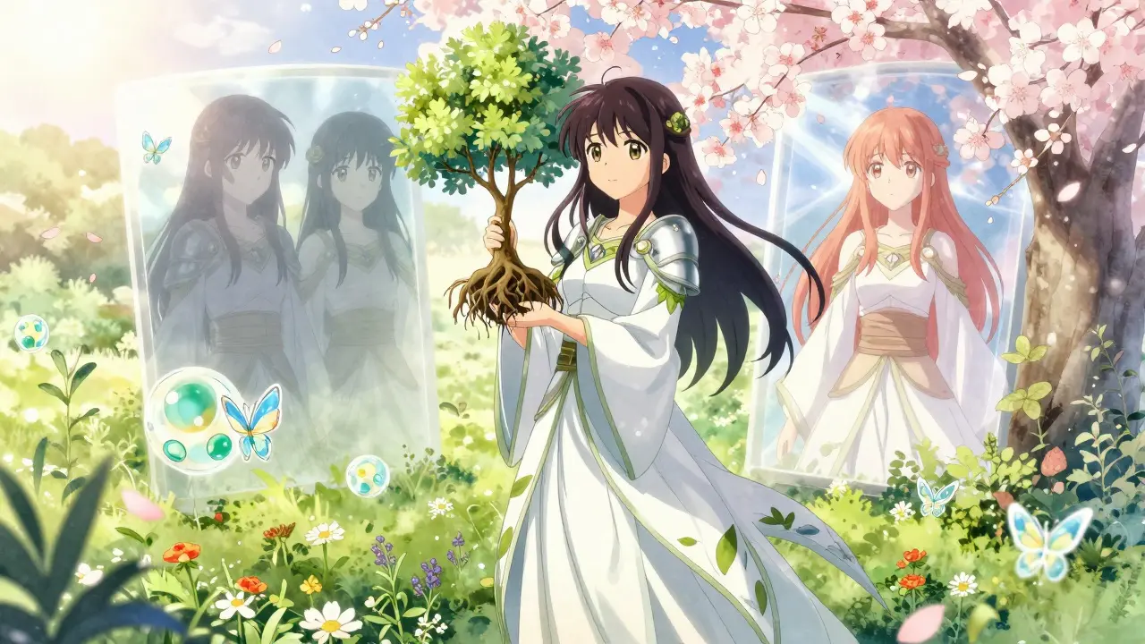 A radiant magical girl stands in a garden with a liver-rooted tree, symbolizing recovery, as butterflies of protein float around her.