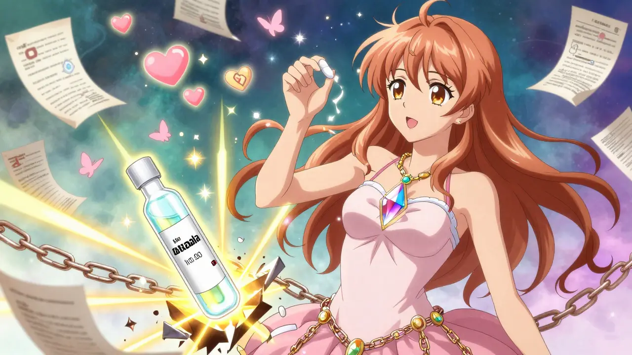 A woman transformed by a glowing apixaban pendant, breaking chains of rivaroxaban with magical light.