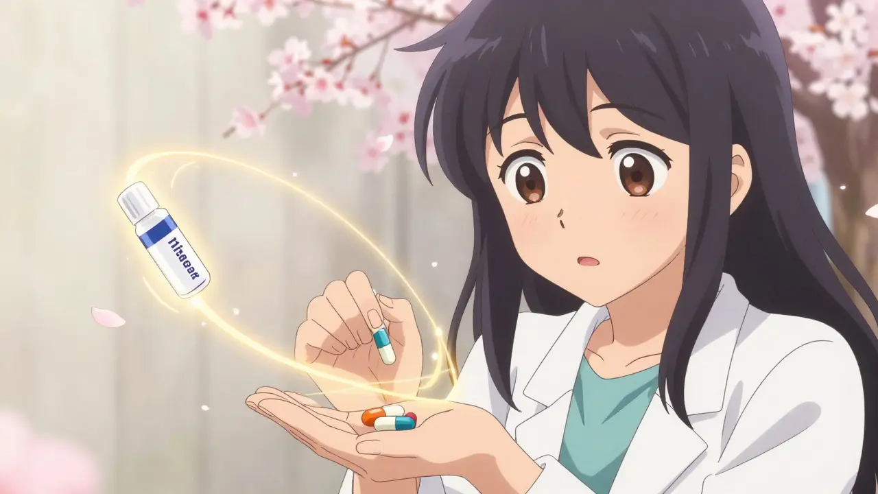 A worried patient receives an identical tablet from a kind pharmacist, connected by golden threads symbolizing chemical equivalence.