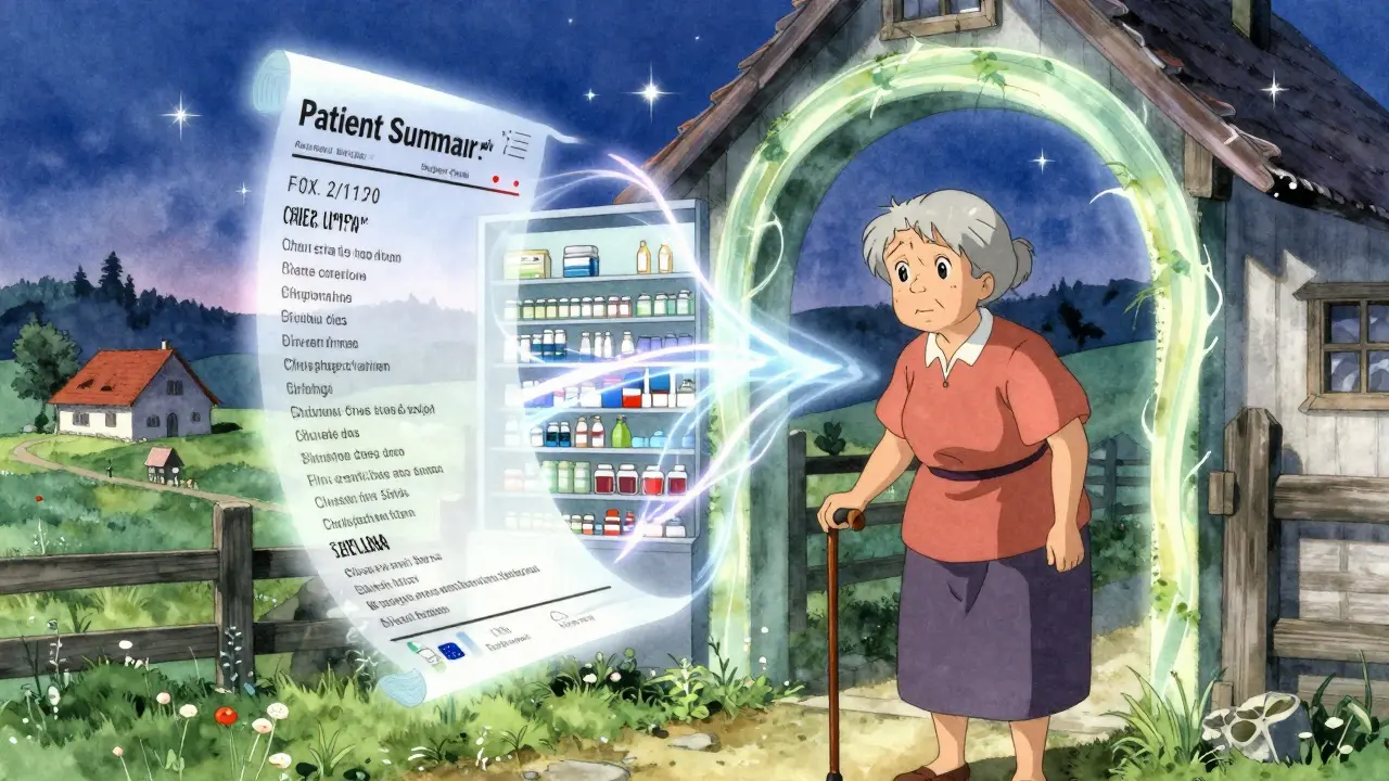 An elderly woman stands before a magical portal connecting her village pharmacy to a futuristic EU pharmacy across borders.