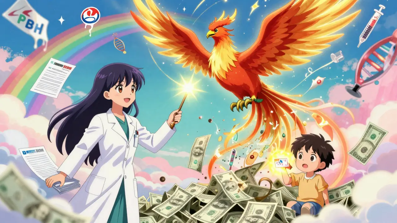 An oncologist summoning a biosimilar phoenix from burning insurance forms and inflated bills.