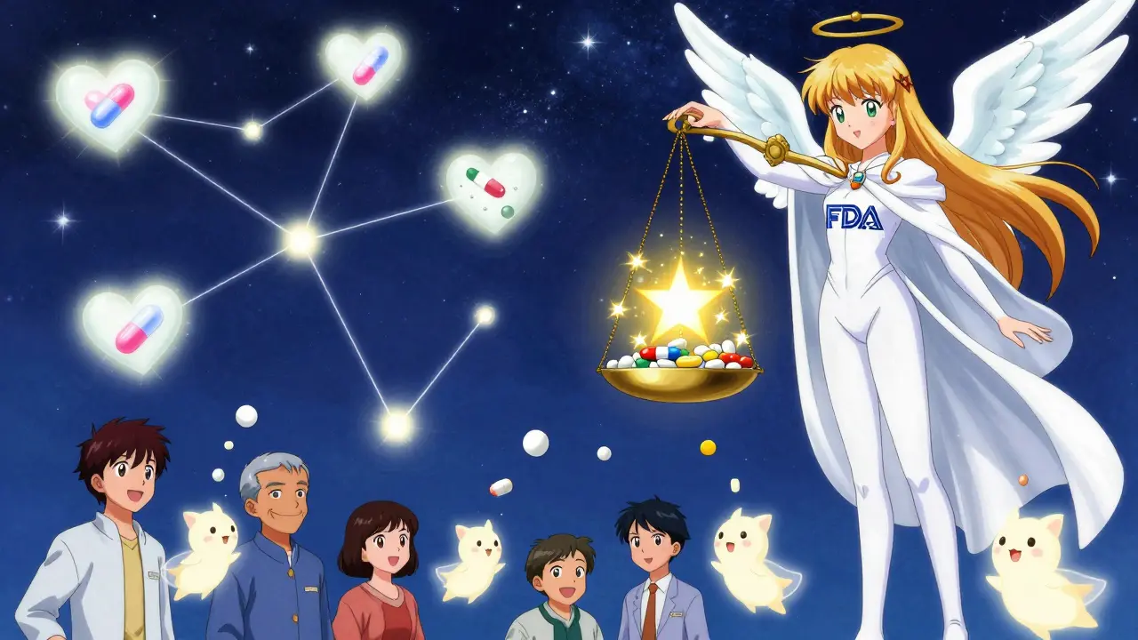 Celestial scale balancing generic and brand-name drugs with patient hearts glowing above