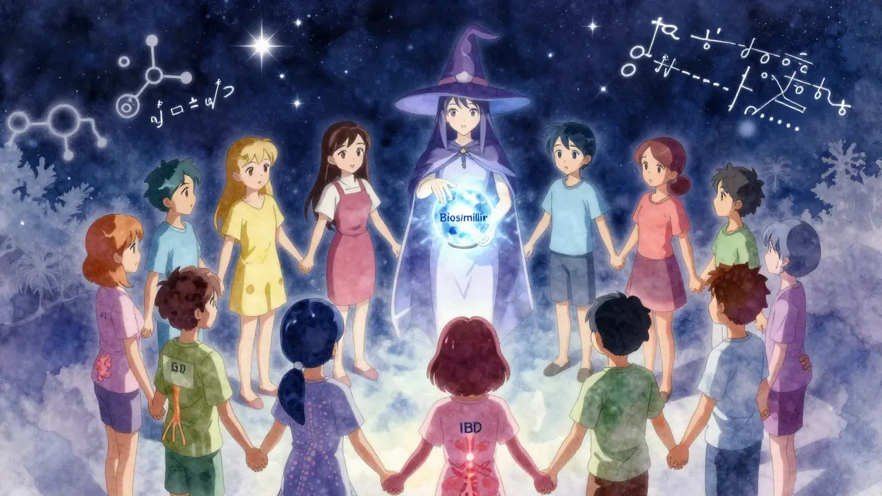 Diverse patients glowing in harmony as a medical figure lowers a biosimilar crystal orb