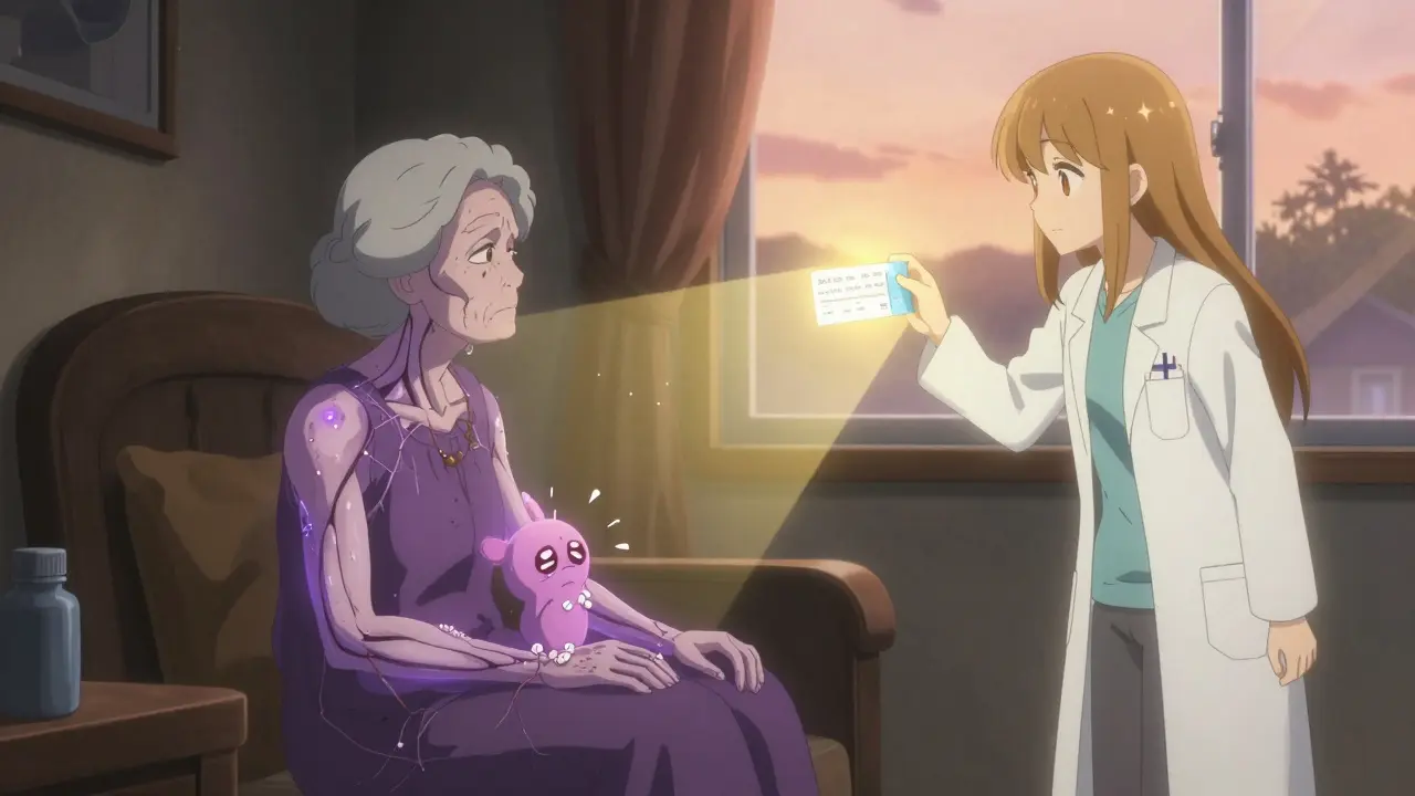 Elderly woman surrounded by unraveling muscle threads as a magical healer offers safety.