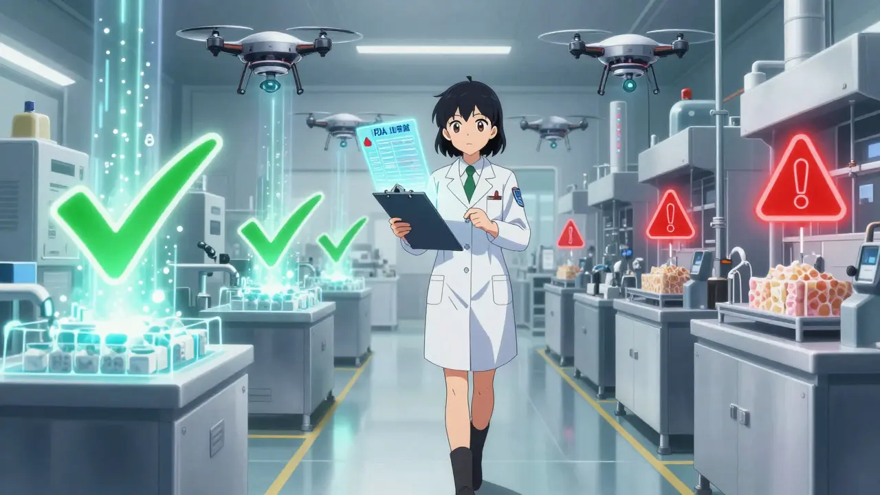 FDA inspector with a holographic clipboard inspecting a high-tech drug manufacturing plant