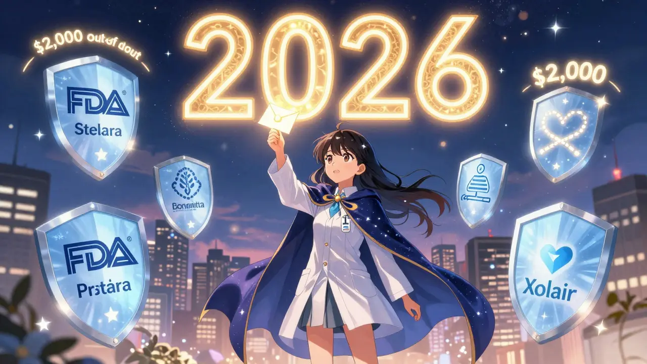 Girl casting appeal spell with biosimilar shields and 2026 drug price rune in sky
