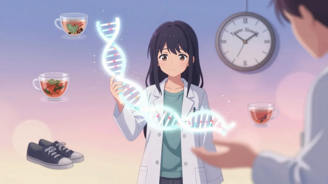 Girl holding a DNA strand with two paths, one showing side effects, the other balance and support.