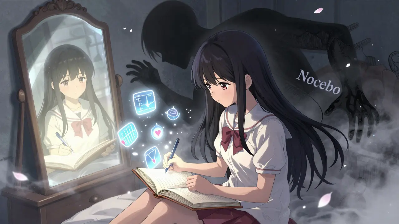 Girl journaling with magical health icons as a shadowy nocebo figure looms behind