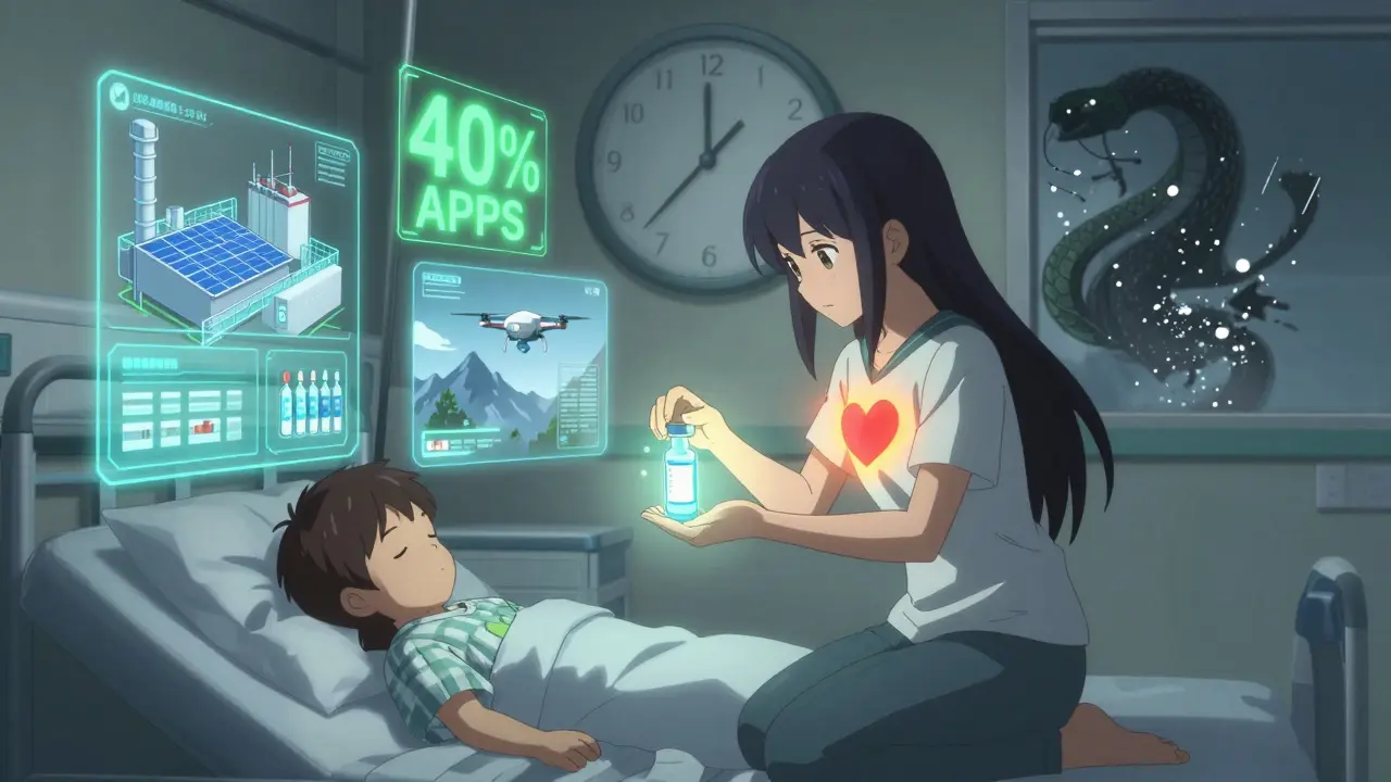 Girl places a glowing vial in a child's hand as holograms show secure drug journey and cyber threat fading.