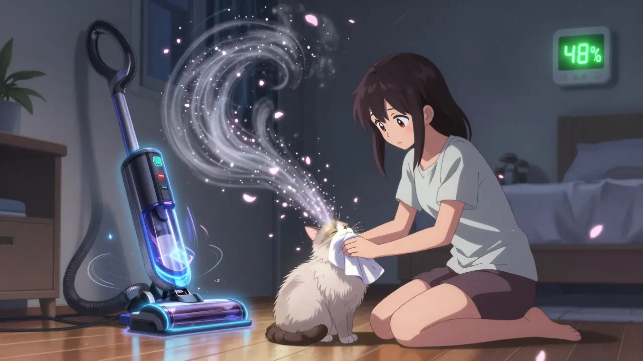 Girl wiping a cat with a glowing cloth, turning pet dander into sparkling petals.