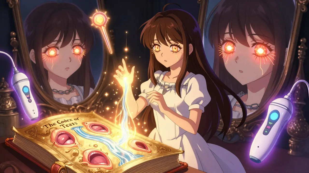Heroine casting a spell to unblock glowing meibomian glands with enchanted LipiFlow and IPL devices.