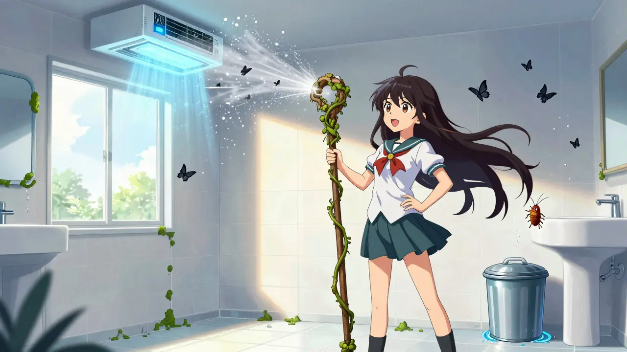 Heroine cleansing mold from bathroom grout with a vine staff as spores turn to butterflies.