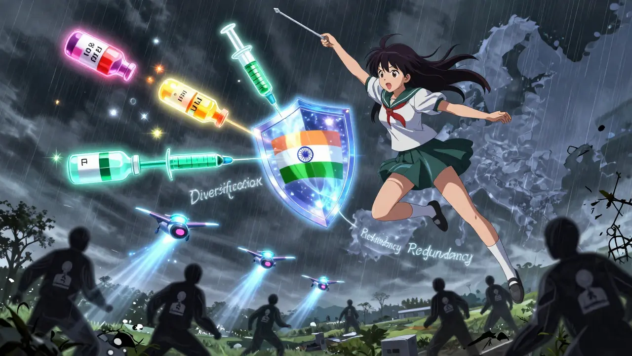 Heroine creates a shield from three glowing supply chains as drones deliver medicine to clinics.